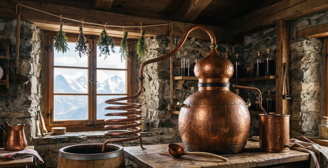 Alambic en cuivre traditionnel utilisé pour la distillation artisanale du génépi dans un cadre alpin authentique
