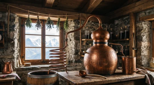 Alambic en cuivre traditionnel utilisé pour la distillation artisanale du génépi dans un cadre alpin authentique