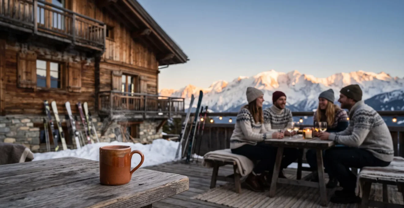 Terrasse alpine chaleureuse au coucher du soleil avec vue sur les sommets enneigés de La Clusaz, ambiance apres-ski conviviale