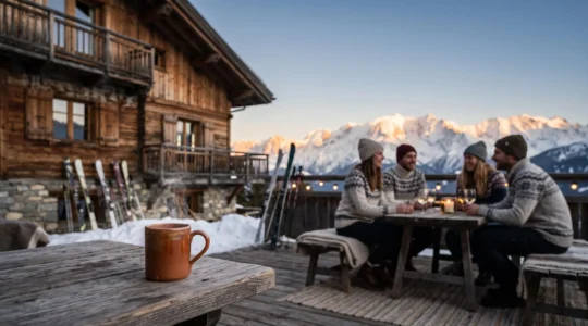 Terrasse alpine chaleureuse au coucher du soleil avec vue sur les sommets enneigés de La Clusaz, ambiance apres-ski conviviale