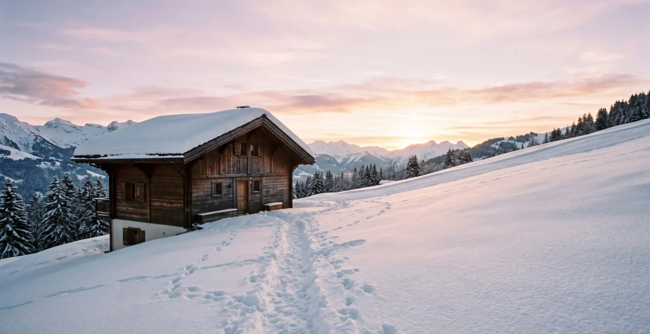 Chalet en bois de style savoyard au bord d'une piste de ski enneigée, illustrant le dilemme du logement pied des pistes pour une famille