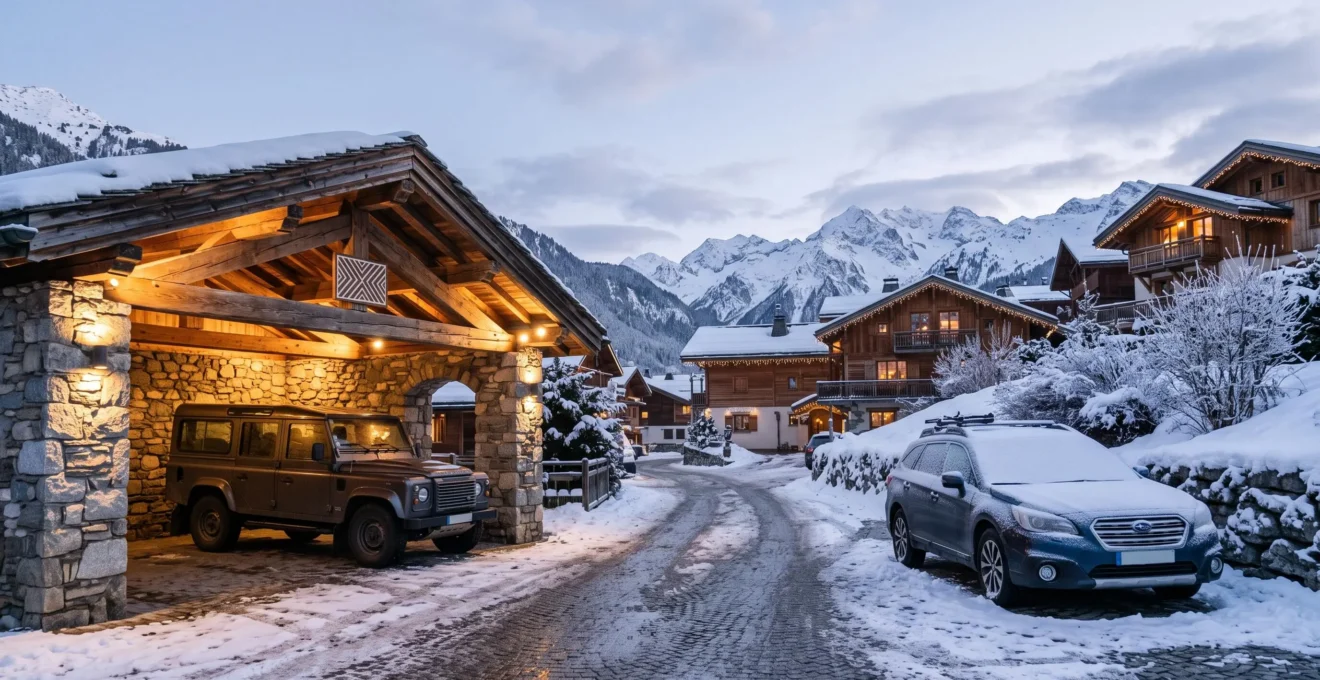 Deux voitures garées dans un village de montagne enneigé, l'une sous un abri couvert éclairé, l'autre recouverte de neige en extérieur, illustrant le dilemme du stationnement en station de ski