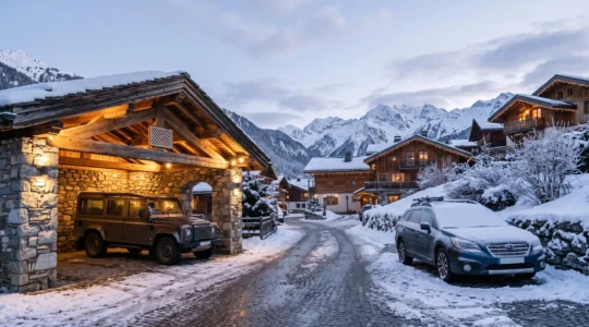 Deux voitures garées dans un village de montagne enneigé, l'une sous un abri couvert éclairé, l'autre recouverte de neige en extérieur, illustrant le dilemme du stationnement en station de ski