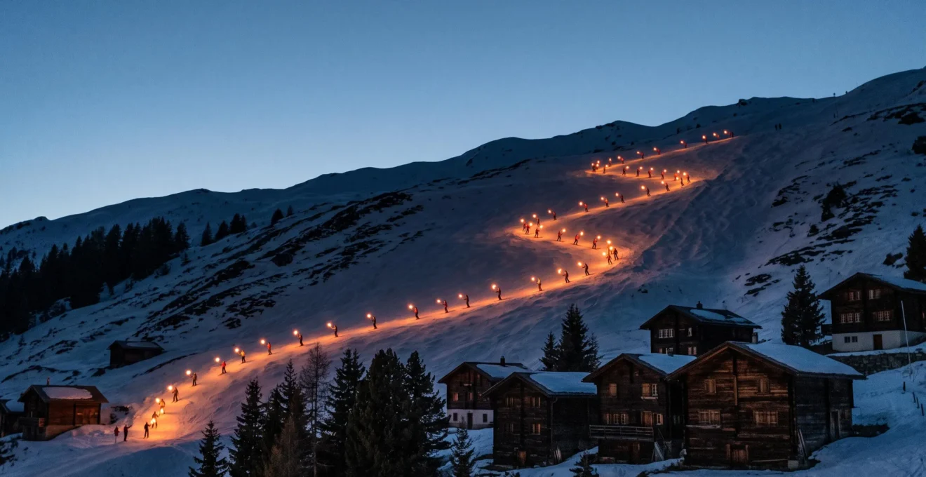 Serpentin lumineux de flambeaux dévalant une piste de ski de nuit à La Clusaz avec village alpin en silhouette