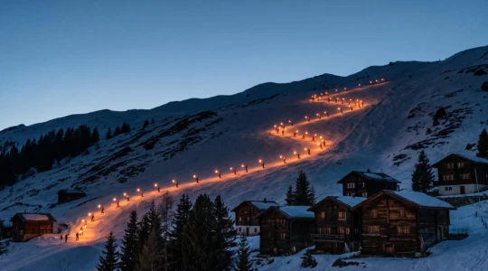 Serpentin lumineux de flambeaux dévalant une piste de ski de nuit à La Clusaz avec village alpin en silhouette