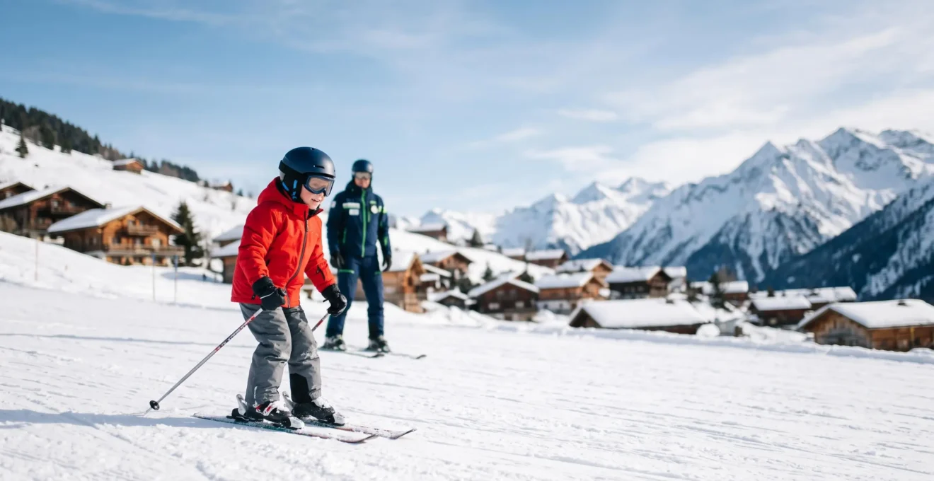 Jeune enfant skieur accompagné par un moniteur sur une piste ensoleillée des Alpes, symbole de la progression en cours ESF