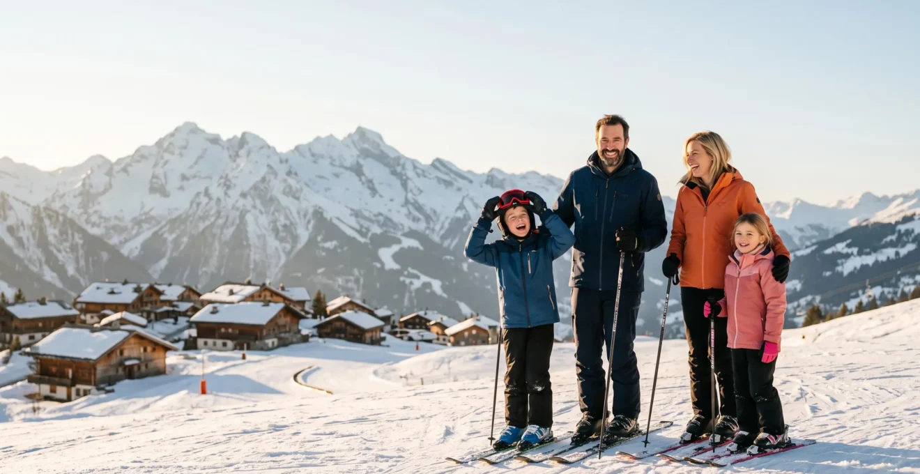 Famille de skieurs profitant des pistes ensoleillées des Aravis à La Clusaz, illustration du budget vacances au ski maîtrisé