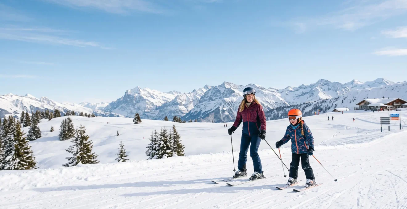 Famille skiant ensemble sur le plateau ensoleillé de Beauregard avec vue sur la chaîne des Aravis