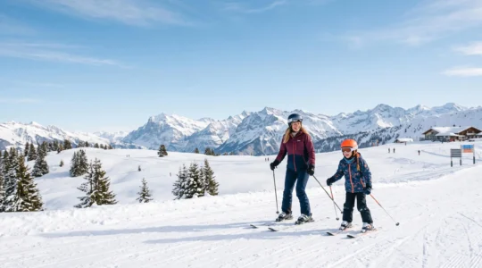 Famille skiant ensemble sur le plateau ensoleillé de Beauregard avec vue sur la chaîne des Aravis