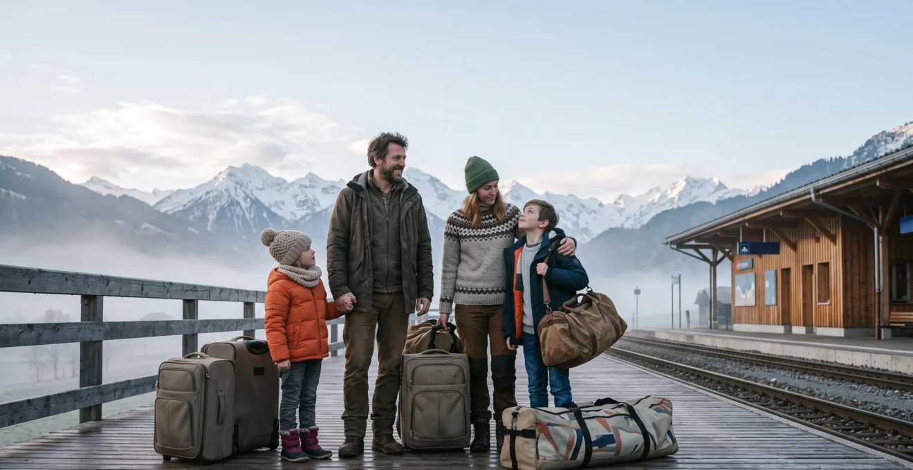 Famille de quatre personnes avec bagages et sacs à dos attendant sur un quai de gare de montagne enneigée, symbole d'un séjour sans voiture