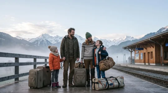 Famille de quatre personnes avec bagages et sacs à dos attendant sur un quai de gare de montagne enneigée, symbole d'un séjour sans voiture