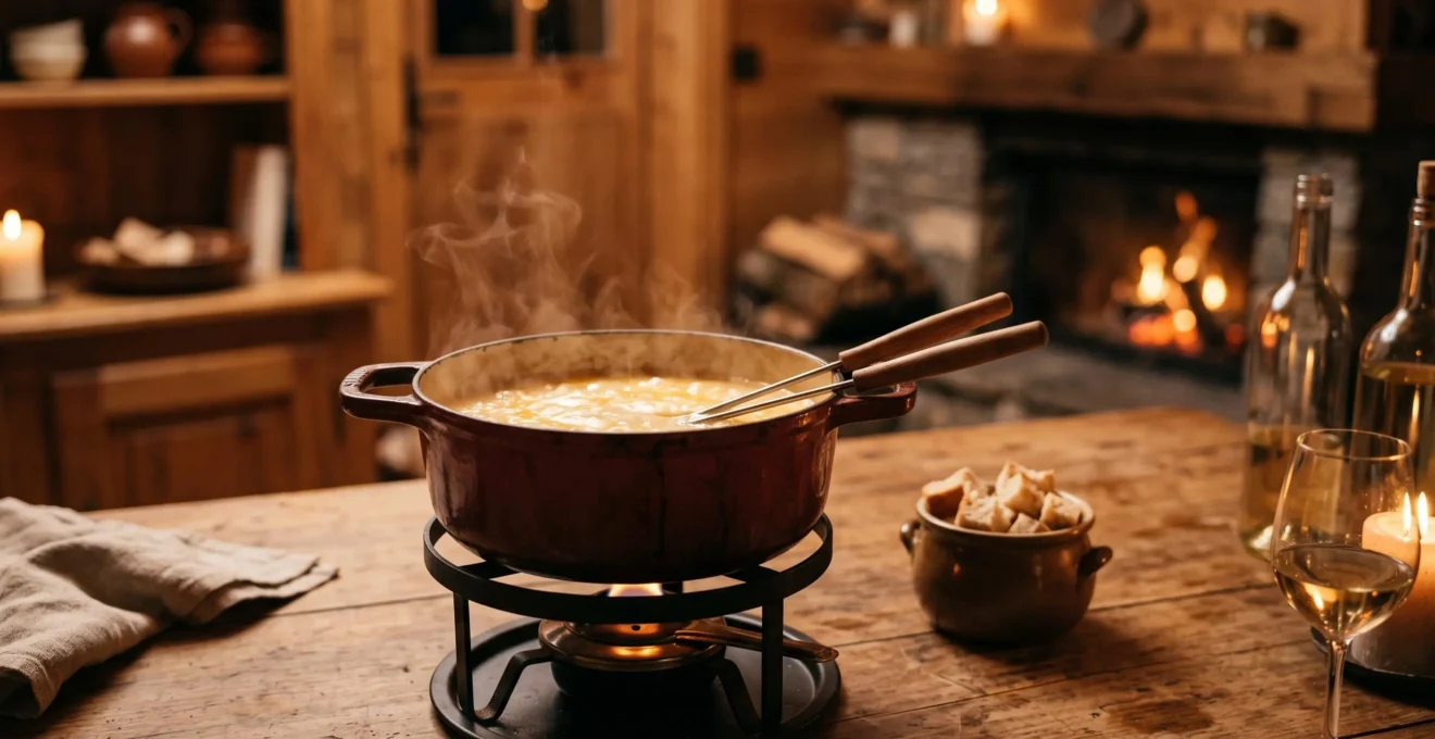 Caquelon de fondue savoyarde fumant sur une table en bois dans un chalet de montagne, ambiance chaleureuse et conviviale