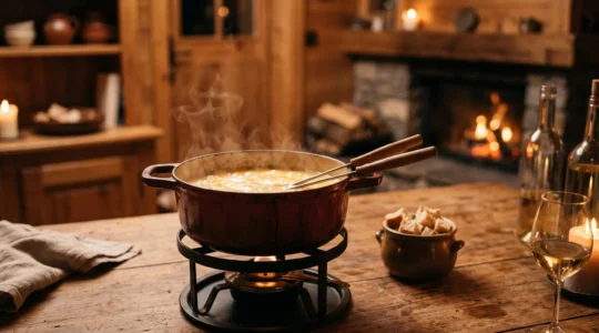 Caquelon de fondue savoyarde fumant sur une table en bois dans un chalet de montagne, ambiance chaleureuse et conviviale