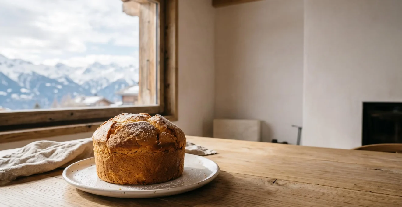 Gâteau de Savoie artisanal moelleux posé sur une table en bois avec vue sur les sommets alpins