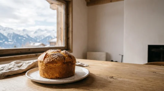 Gâteau de Savoie artisanal moelleux posé sur une table en bois avec vue sur les sommets alpins