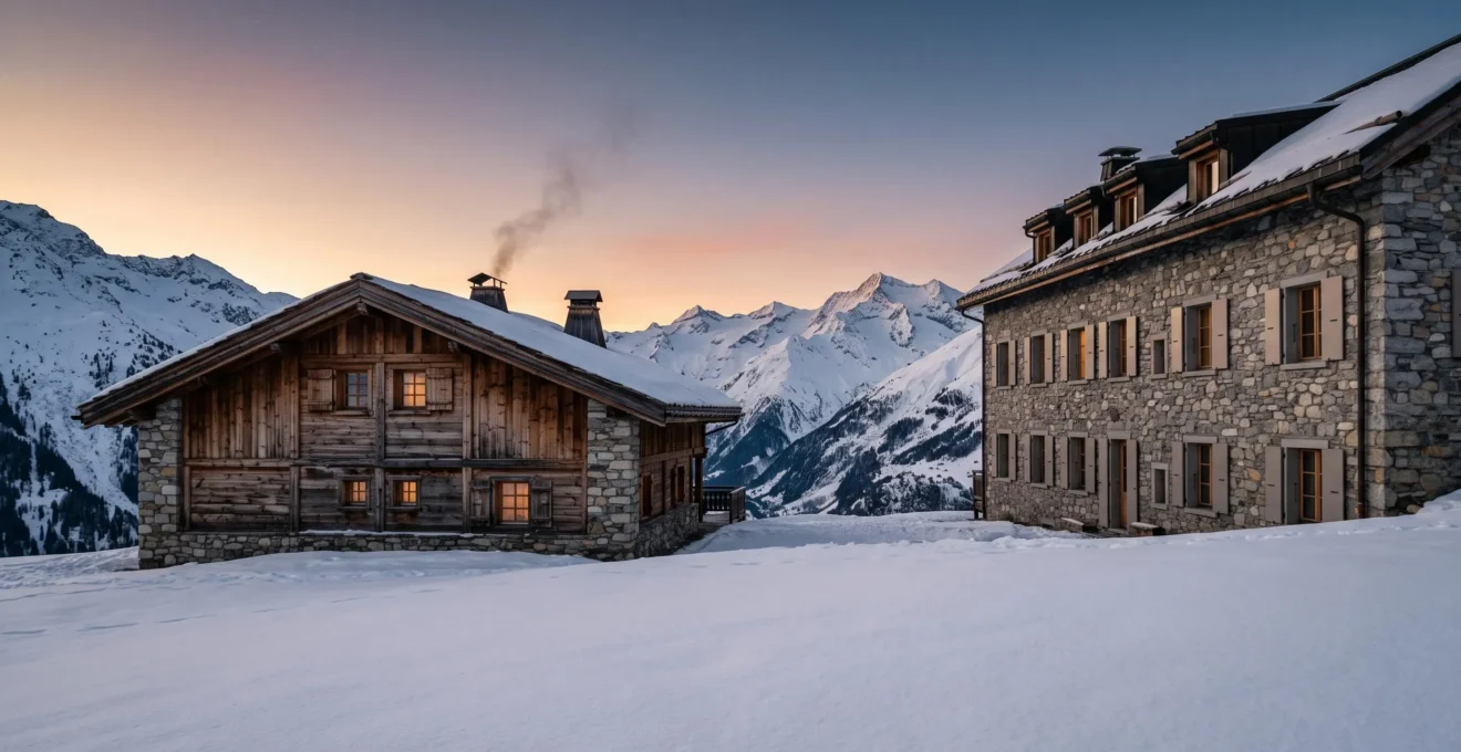 Contraste entre le confort feutré d'un hôtel de montagne et la chaleur intime d'un chalet enneigé à La Clusaz