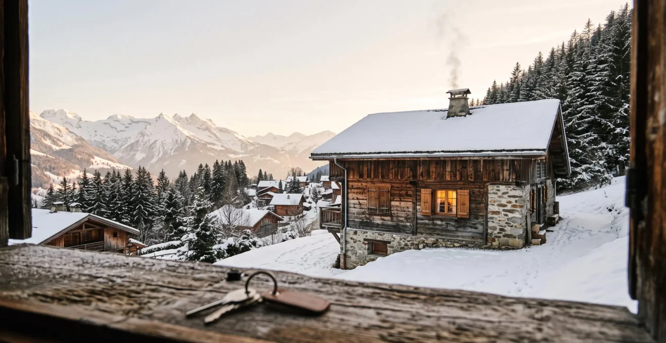 Chalet savoyard enneigé au coucher du soleil symbolisant la recherche d'une location de vacances a La Clusaz