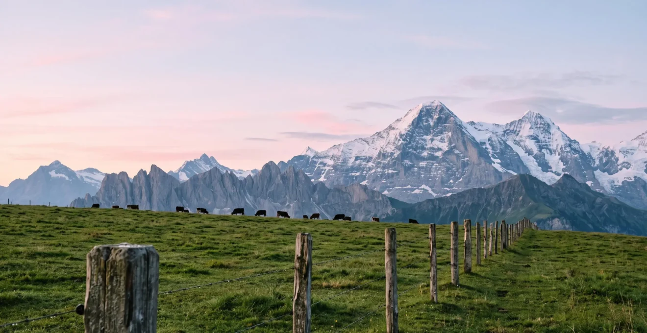 Panorama grandiose du Mont-Blanc enneigé encadré par les alpages verdoyants et les crêtes calcaires du massif des Aravis au lever du jour