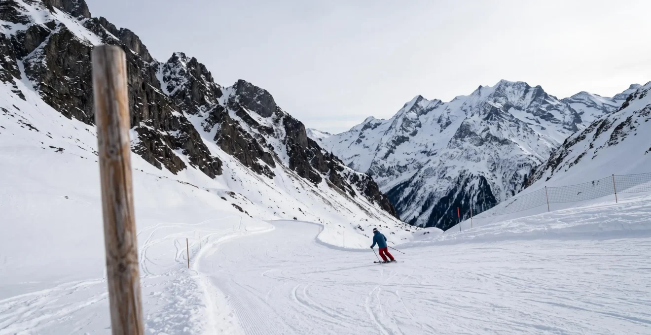 Piste de ski balisee serpentant dans un massif alpin, avec un piquet de signalisation flou au premier plan symbolisant une vigilance necessaire malgre le balisage