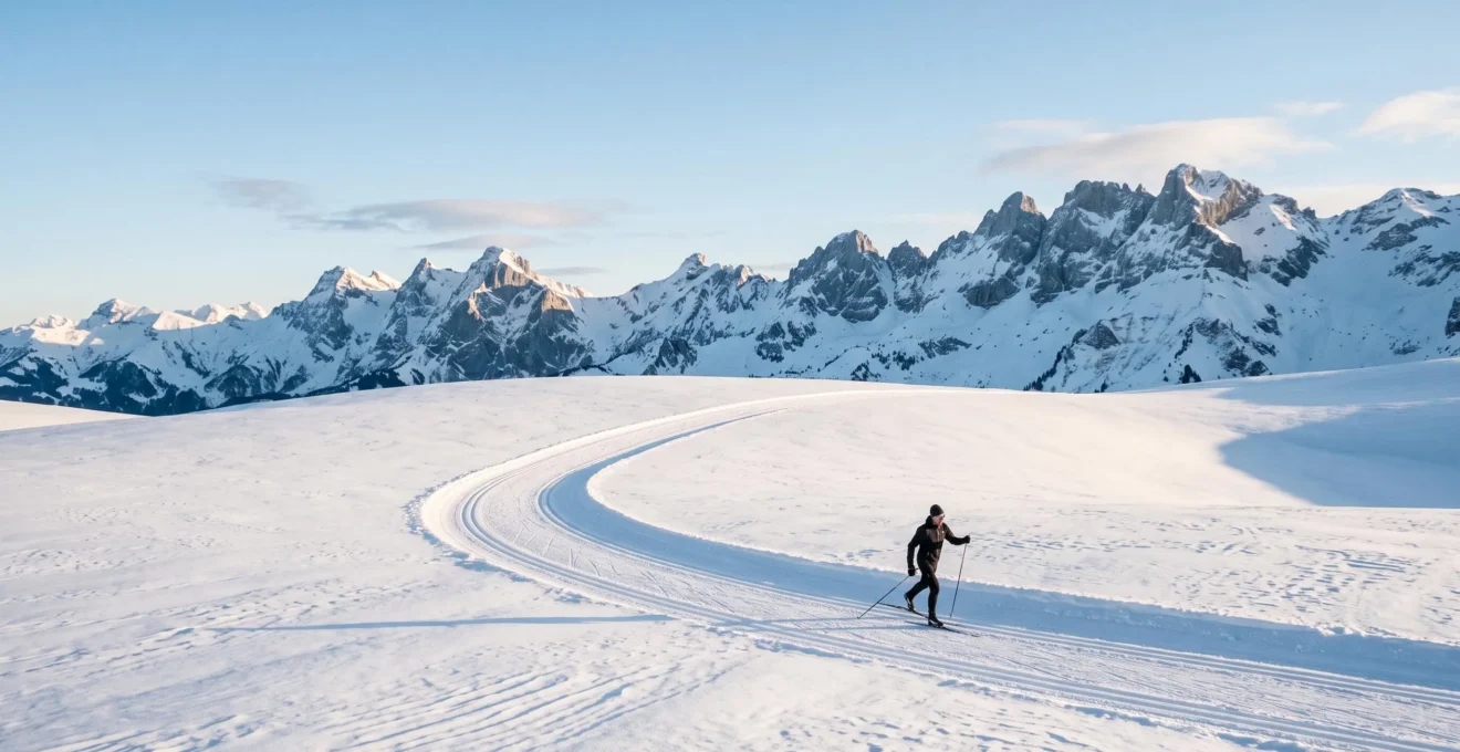 Skieur de fond glissant seul sur le plateau des Confins enneigé, entoure par les sommets des Aravis