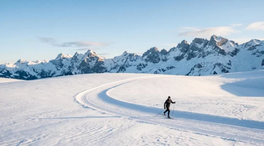 Skieur de fond glissant seul sur le plateau des Confins enneigé, entoure par les sommets des Aravis