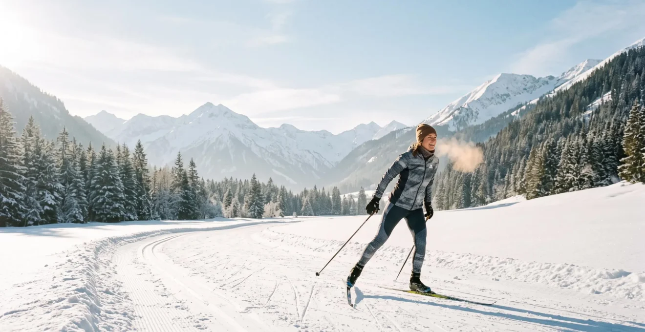 Skieur de fond débutant savourant un moment de glisse fluide sur une piste enneigée au lever du jour en montagne