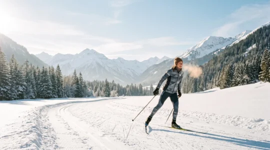 Skieur de fond débutant savourant un moment de glisse fluide sur une piste enneigée au lever du jour en montagne