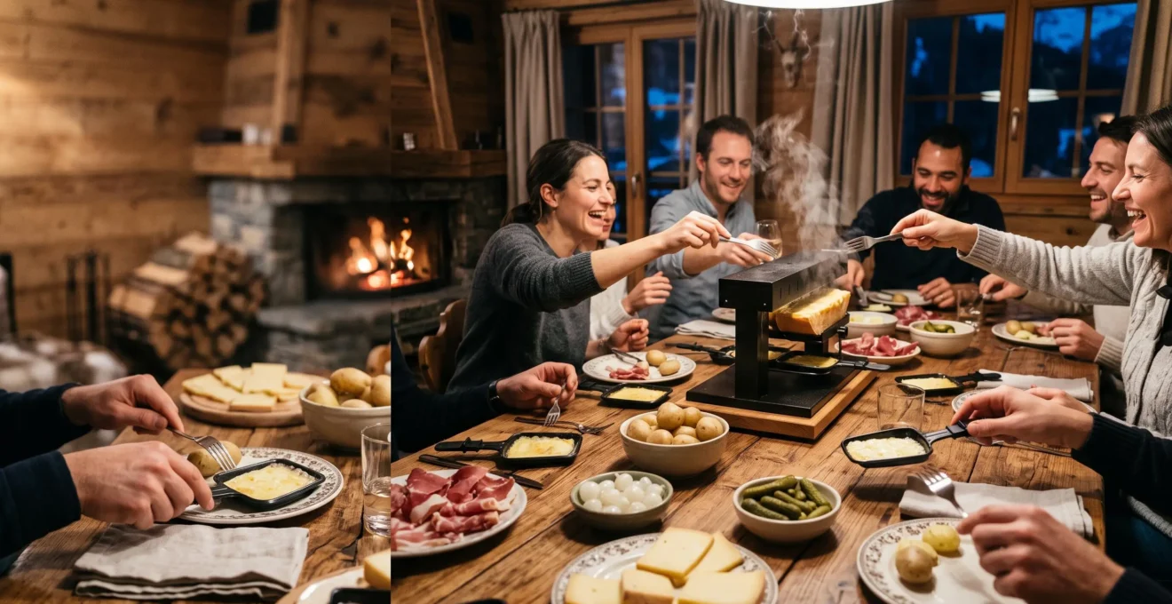 Table dressée pour une soirée raclette conviviale entre amis dans un chalet de montagne