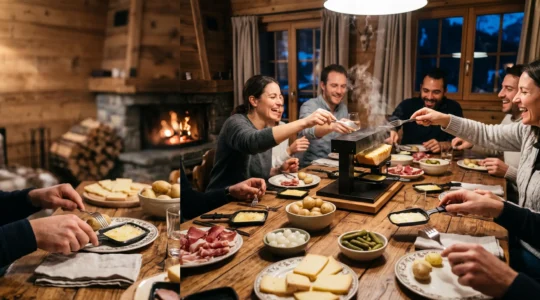 Table dressée pour une soirée raclette conviviale entre amis dans un chalet de montagne