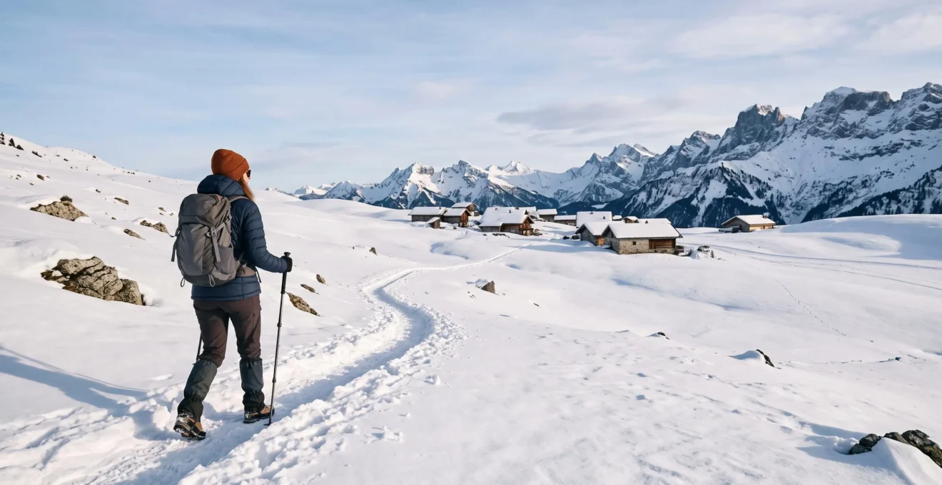 Randonneur avançant seul sur un sentier piéton enneigé face aux sommets des Aravis à l'aube