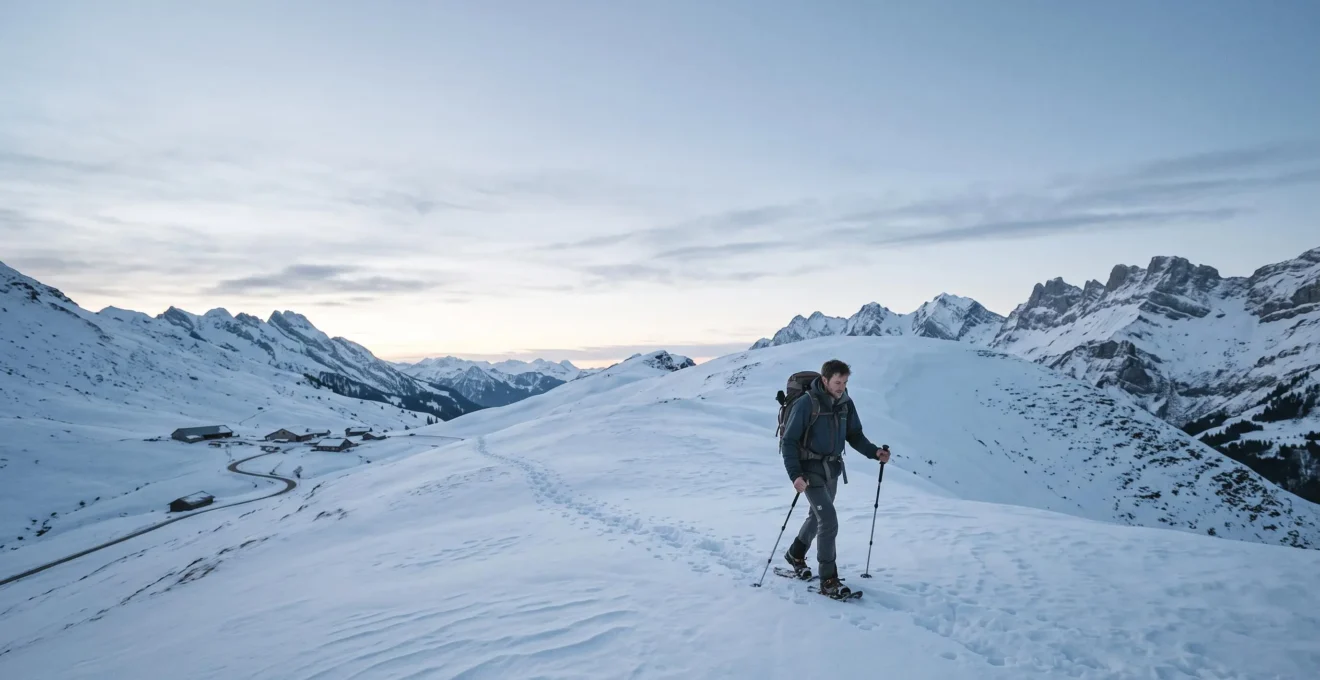 Randonneur en raquettes à neige progressant seul sur une crête enneigée des Aravis au lever du jour, symbolisant le passage de la balade facile à l'itinérance autonome