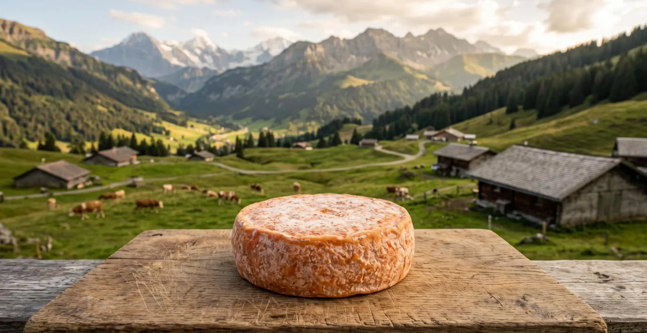 Meule de Reblochon fermier affinée posée sur une planche en bois avec un paysage d'alpage savoyard en arrière-plan