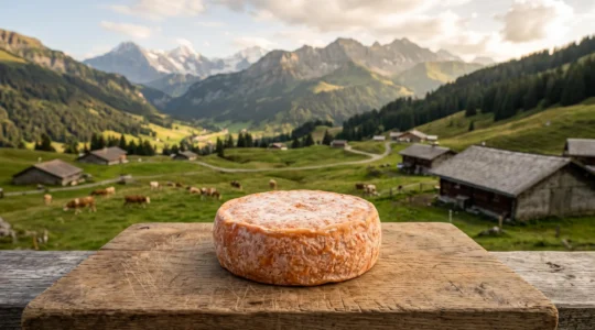 Meule de Reblochon fermier affinée posée sur une planche en bois avec un paysage d'alpage savoyard en arrière-plan