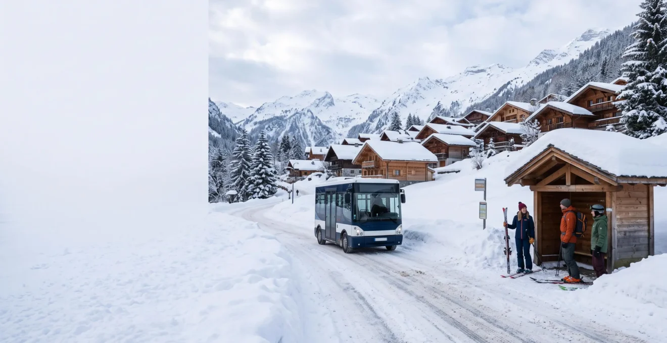 Navette skibus traversant le village alpin de La Clusaz au pied des pistes enneigées