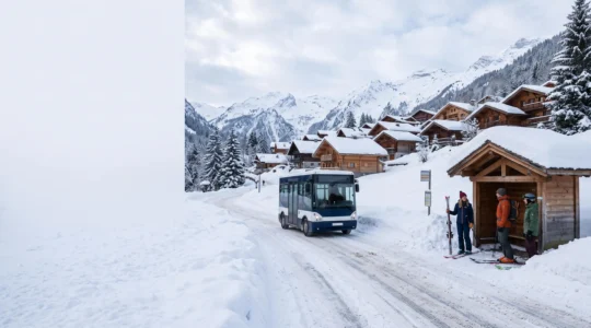 Navette skibus traversant le village alpin de La Clusaz au pied des pistes enneigées