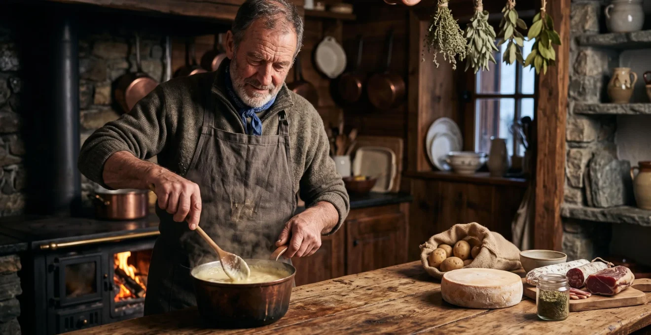 Chef de montagne préparant un plat traditionnel savoyard dans une cuisine de chalet authentique à La Clusaz