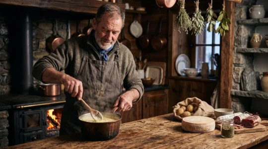 Chef de montagne préparant un plat traditionnel savoyard dans une cuisine de chalet authentique à La Clusaz