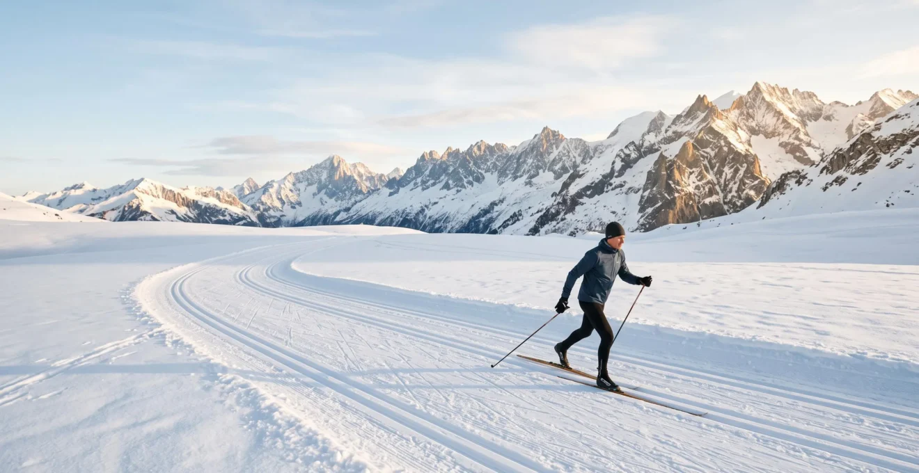 Skieur de fond glissant sur une piste damée face à la chaîne des Aravis enneigée au lever du jour