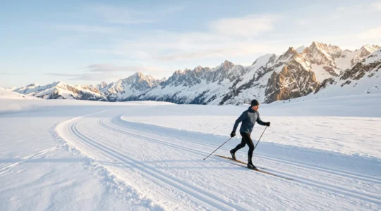 Skieur de fond glissant sur une piste damée face à la chaîne des Aravis enneigée au lever du jour