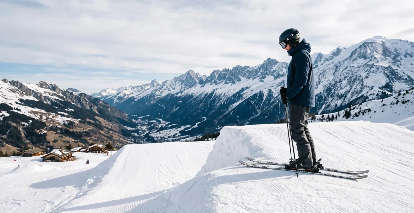 Skieur hésitant au sommet d'un module de snowpark en montagne, dominant les pistes enneigées des Alpes françaises