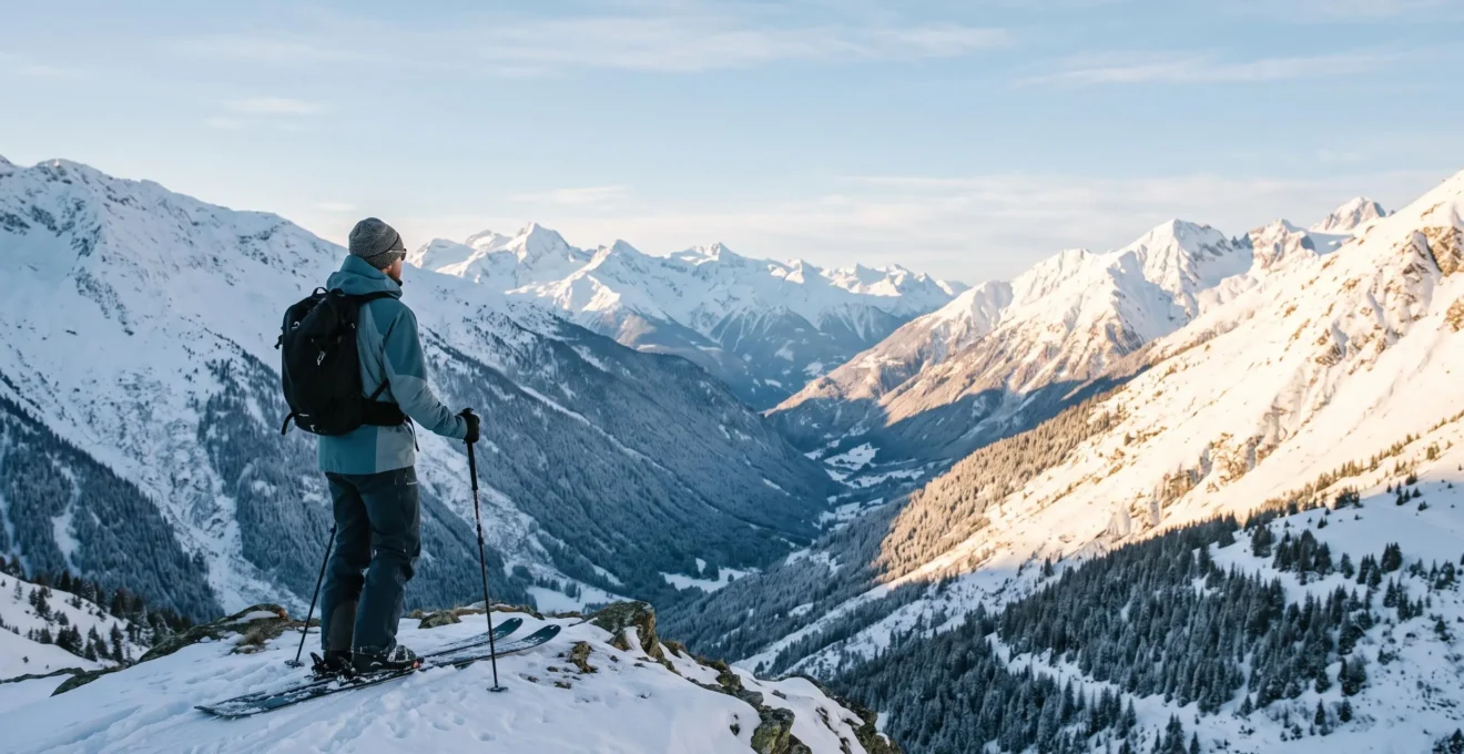 Skieur observant depuis une crête plusieurs pistes aux conditions de neige différentes dans les Alpes