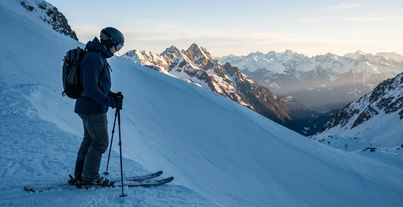 Skieur seul contemplant la face nord imposante du massif de Balme avant de s'élancer sur une piste rouge enneigée