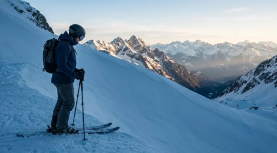 Skieur seul contemplant la face nord imposante du massif de Balme avant de s'élancer sur une piste rouge enneigée