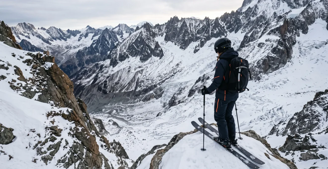 Skieur seul contemplant une pente noire escarpée en haute montagne avant de s'engager dans la descente