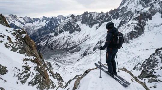Skieur seul contemplant une pente noire escarpée en haute montagne avant de s'engager dans la descente
