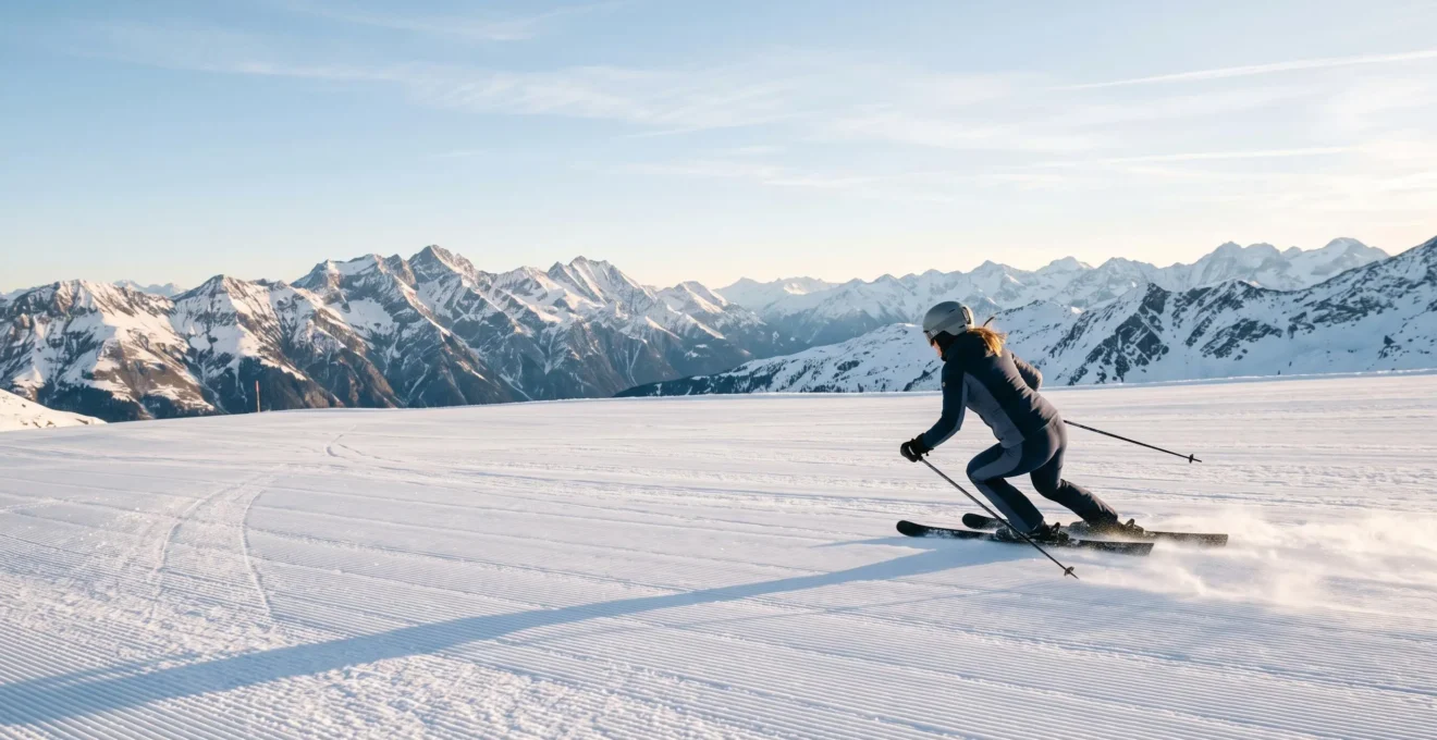Skieur seul en pleine glisse sur une piste large et vide du domaine des Aravis, sous une lumière matinale
