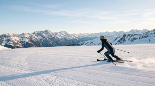 Skieur seul en pleine glisse sur une piste large et vide du domaine des Aravis, sous une lumière matinale