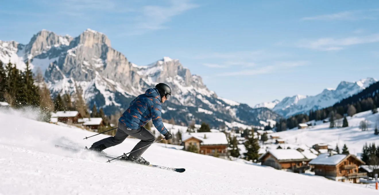 Skieur sportif en pleine action de carving sur une piste de La Clusaz, illustrant l'effort cardio intense du ski sportif