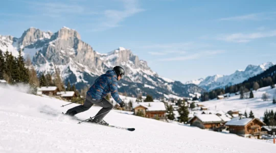 Skieur sportif en pleine action de carving sur une piste de La Clusaz, illustrant l'effort cardio intense du ski sportif