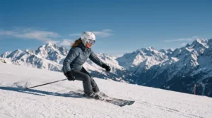 Skieur intermediaire en plein virage sur une piste rouge des Alpes, illustrant la correction technique en ski alpin a La Clusaz